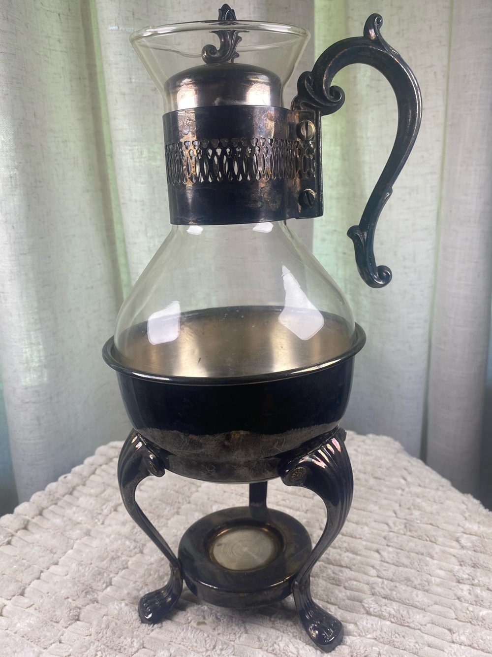 Vintage FB Rogers Silverplate Glass Coffee Carafe & Clawfoot Warmer Stand